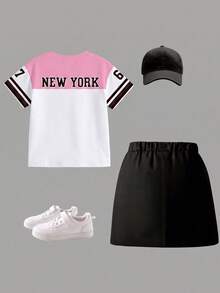 SHEIN Elladie kids Tween女孩 2件組 8-12歲圓領甜酷風數字印花短袖上衣 + 黑色工裝迷你裙 - 彩色 - 查看 2
