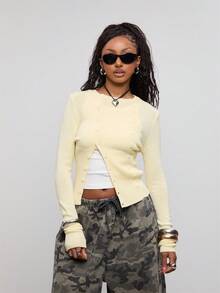 COUREZ Asymmetric Fitted Cardigan /Y2K Autumn Outfit For Women Fall Tops Fall Clothes Yellow Top Going Out Outfits Cute Tops Going Out Tops - Beige - View 6