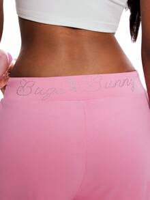 Zyxie LOONEY TUNES X SHEIN Women's Solid Color Drawstring Waist Casual Versatile Wide Leg Pants For Daily Wear - Pink - View 6