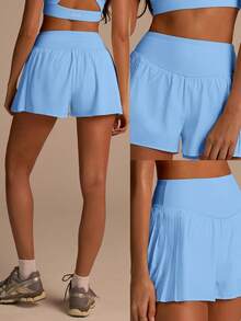Fluxe Women's Solid Color Elastic Waist Pleated Design Loose Fit Athletic Shorts - Blue - View 7