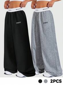 SHEIN Velisys 2PCS Women's Patchwork Letter Webbing Casual Sports Long Pants Gym Black And Gold Soft Summer - Multicolor - View 3