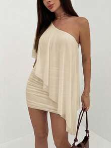 Aloruh 女款純色單肩休閒日常夏季迷你洋裝 - 米色 - 查看 7