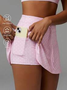 Athîral Drawstring High Waist Polka Dot All-Over Print Hiking Outdoor Activity Sports Skort - Pink - View 1