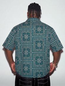 Modcrash Camisa suelta de talla grande para hombres con estampado de paisley y pañuelo - Verde Oscuro - Ver 2