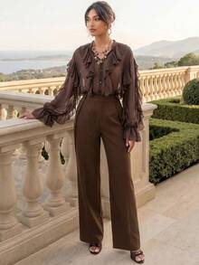 Savoree Elegant Fashionable Straight Leg High Waisted Pants Set, Vacation/New Year Outfits For Women, Spring/Summer - Brown - View 5
