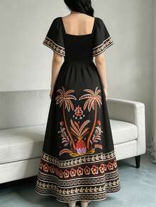 Modelyn Tropical Plant Print Elegant Dress For Women, Fashion Square Neck Cap Sleeve Dress, Ruffle Hem Design, Summer Vacation Style Bohemian Dress - Multicolor - View 2