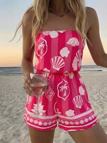 Vivid Eden Mono de verano con cordón para mujer, estampado de bloques de color con palmeras tropicales y conchas, para vacaciones en la playa - Rojo y blanco - View 6