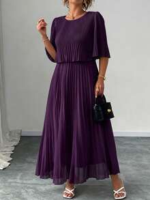 Elenzga Plus Size Solid Color Elegant Chiffon Pleated Dress For Spring And Summer - Purple - View 5