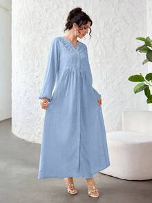 Al Najma V領刺繡拼接紋理純色阿拉伯風洋裝 - 藍色 - 查看 5
