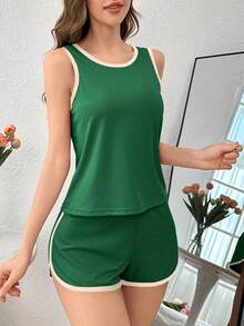 SHEIN 女款對比滾邊休閒背心與短褲家居服套裝 - 墨綠色 - 查看 3