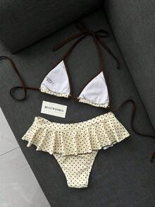 Swim Mod 女款海灘裝復古紅白波點印花對比包邊性感微型比基尼三角上衣超短比基尼裙時尚休閒度假甜美復古可愛性感比基尼兩件套掛脖式泳衣 - 彩色 - 查看 3