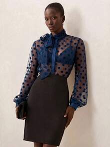 Briarwyn Women's Polka Dot Mesh Tie Neck Long Sleeve Loose Sheer Blouse - Navy Blue - View 7