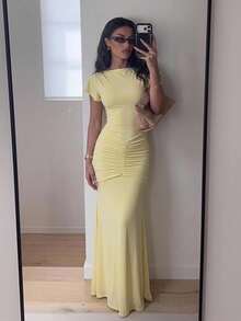 Lumalex Pale Yellow Boat Neck Maxi Dress With Flutter Sleeves Ruched Hip Detail Bodycon Bodice And Flared Hem Skirt Summer Holiday Outfits Elegant Dinner - Light Yellow - View 9
