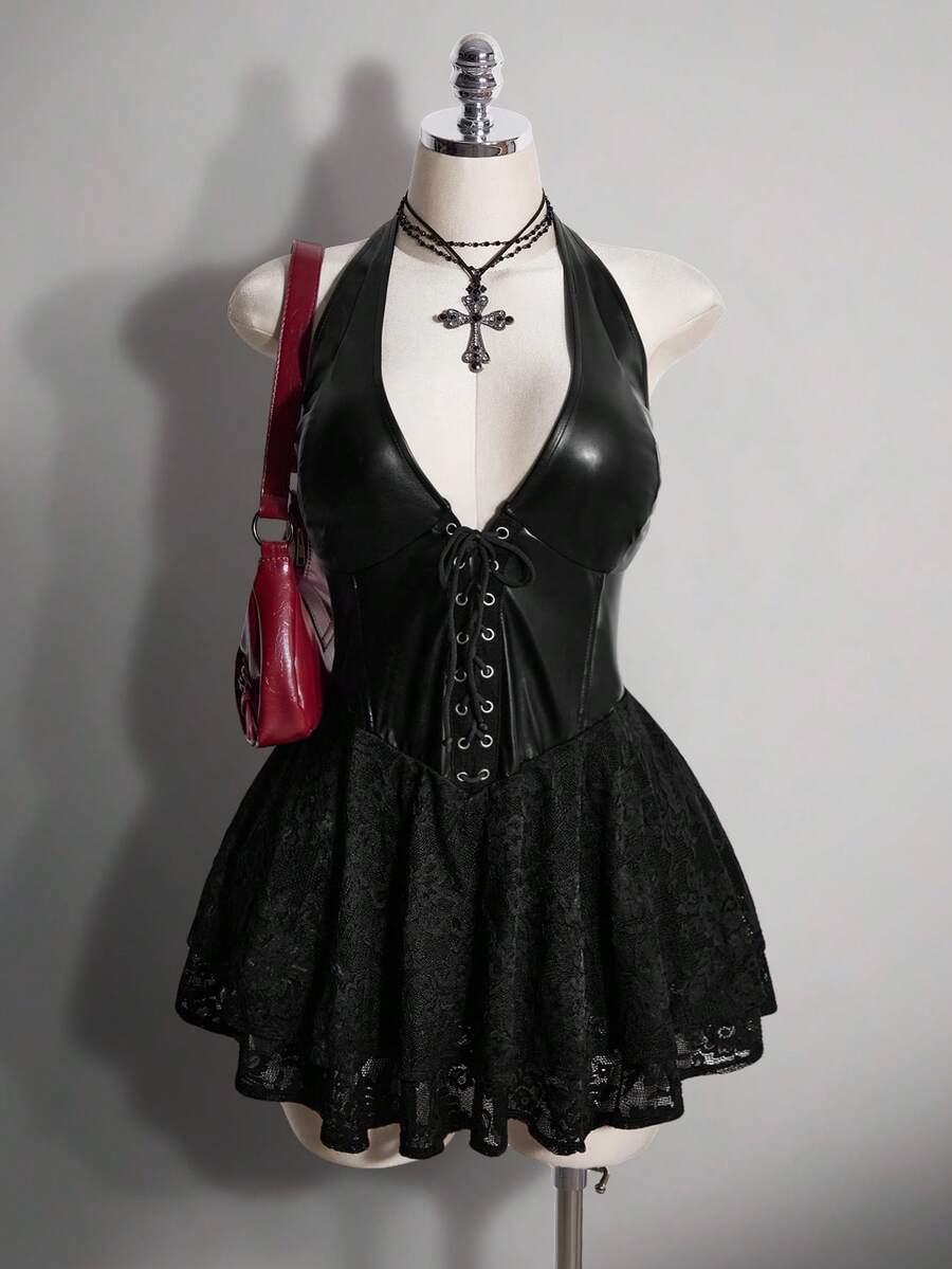 SHEIN ICON 大尺碼 Y2K 時尚辣妹風 夜店派對節慶出遊交叉肩帶 PU 皮革露背迷你吊帶裙 - 黑色 - 查看 1