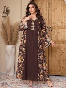 Al Najma Plus Size Women V-Neck Floral Print Casual Party Arabian Dress - Multicolor - View 6