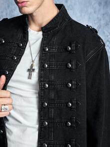 ROMWE MEN Street Life Men's Court Style Denim Long Sleeve Top - Black - View 2