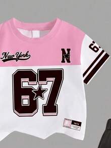 SHEIN Elladie kids Tween女孩 2件組 8-12歲圓領甜酷風數字印花短袖上衣 + 黑色工裝迷你裙 - 彩色 - 查看 5