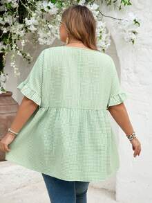 SHEIN CURVE+ Curve Size US22 音樂節、海邊度假、波希米亞 CURVE PLUS / / 女款格紋印花襯衫，適合春夏波希米亞風度假，休閒娃娃風襯衫 - 綠色 - 查看 3