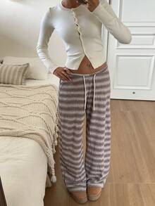 SHEIN EZwear 女款條紋時尚抽繩腰休閒針織運動長褲 - 摩卡棕 - 查看 5