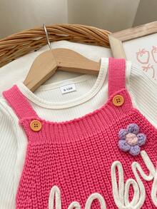 SHEIN Baby Girls Newborn Knitted Romper, Crawler Suit, Rose Pink, Exquisite Embroidery, 3D Flower Decoration, Cute Elegant Luxurious, Can Be Paired With T-Shirt - Hot Pink - View 4