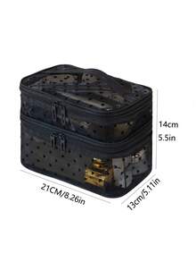 1 Leopard Print Black Mesh Double-Layer Cosmetic Bag, Portable, Double-Layer Large Capacity, Can Store Cosmetics And Makeup Tools, Suitable For Home And Out, Is The Ideal Choice For Women At Home. - Black - View 12