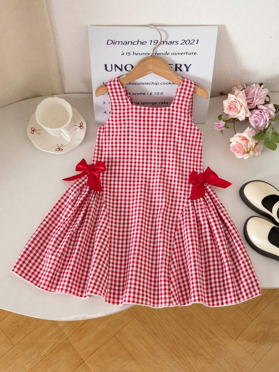 SHEIN 女童法式優雅經典黑白格紋方領A字洋裝,側邊蝴蝶結設計,適合夏季派對、街頭穿搭、返校季與秋冬 - 紅色 - 查看 1