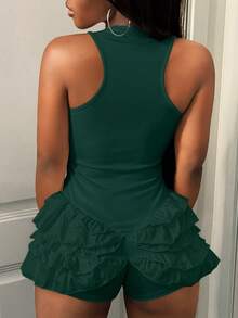 BamGleam Women's Solid Color Square Neck Ruffle Hem Sleeveless Romper - Dark Green - View 2