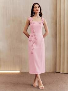 Anewsta Women's Summer Fashion Elegant 3D Floral Sleeveless Spaghetti Strap Fitted Slit Maxi Dress - Pink - View 4