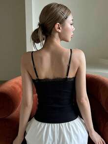Women's Solid Color Contrast Lace Ribbed Camisole - Black - View 3