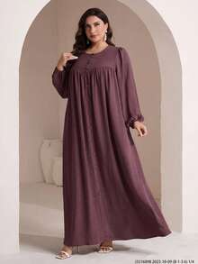 Veilorie Plus Size Women Solid Color Button Long Sleeve Pleated Arabian Dress - Dusty Pink - View 3
