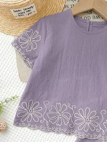LMoss Kids 女童圓領花卉刺繡圖案短袖上衣與長褲套裝 - 紫色 - 查看 5