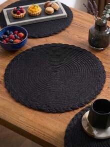 1/4/6/8/10/16/50PCS Black, Simple Bohemian-Style Woven Round Tablecloth With Solid-Colored Braided Lace, Non-Slip Table Mat. Hand-Woven, Non-Slip, Heat-Resistant, Machine-Washable And Easy To Clean - Black - View 3