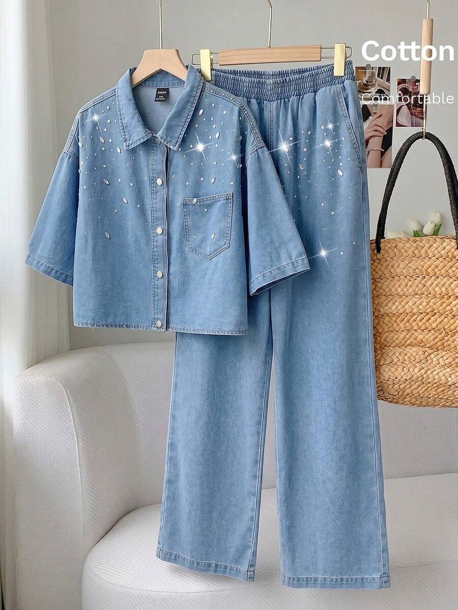 Comfortcana 女款純色水鑽裝飾單排扣襯衫與長褲休閒牛仔套裝 - 中等水洗藍 - 查看 1