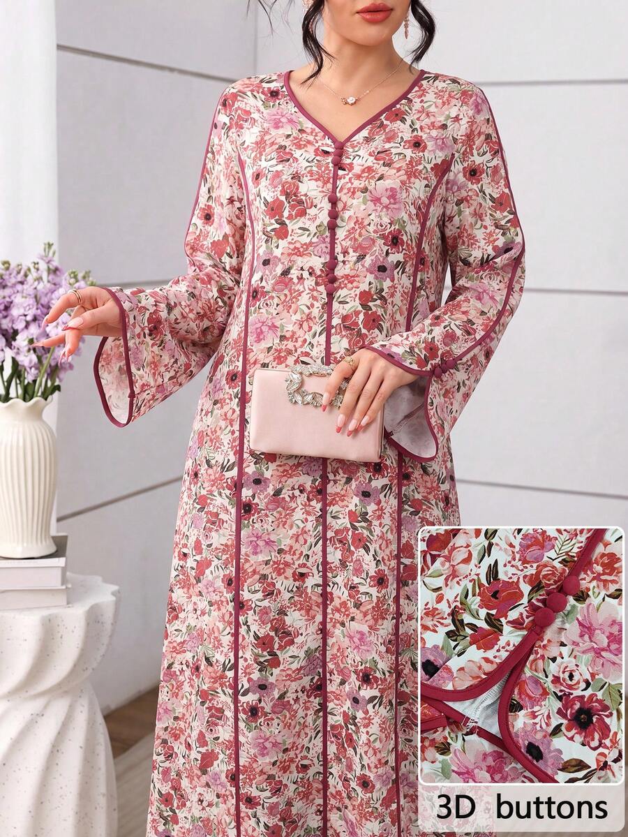 Al Najma 花卉印花對比滾邊前開扣優雅洋裝 - 紅色 - 查看 1