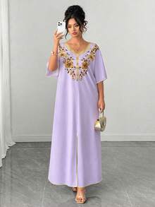 SHEIN Clasi Plus Size Summer Elegant Floral Print Batwing Sleeve Dress - Purple - View 6
