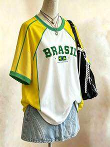 EMERY ROSE Plus Size Women's Casual Cowboy T-Shirt, Vintage Brazil Team White Striped Print Football T-Shirt, Suitable For Daily Wear Vacation Summer - Black - View 4