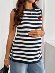 SHEIN Rompi Rajut Hamil Bergaris dengan Bordir Hati dan Belahan di Bagian Bawah - Navy Blue - View 3