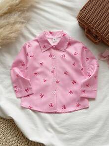 SHEIN Vintaside Kids 女童檸檬條紋印花清新輕盈設計襯衫，翻領長袖寬鬆休閒襯衫，仿檸檬刺繡圖案，春/秋休閒襯衫 - 粉色 - 查看 5