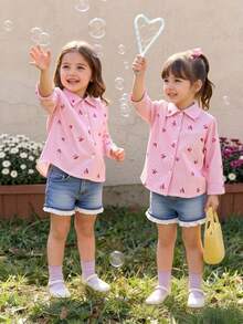 SHEIN Vintaside Kids 女童檸檬條紋印花清新輕盈設計襯衫，翻領長袖寬鬆休閒襯衫，仿檸檬刺繡圖案，春/秋休閒襯衫 - 粉色 - 查看 4