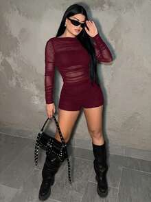 Dayanna Comas Mesh Ruched Patchwork Bodysuit With Long Sleeves Dark Red Dress See Through Dress Mesh Dress - Burgundy - View 4