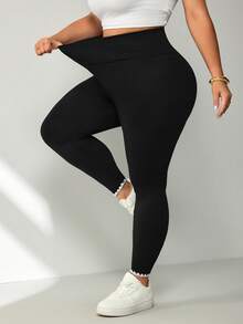 SHEIN CURVE+ 大尺碼純色高腰休閒日常穿著緊身褲 職場健身適用 2026年秋季 22W - 黑色 - 查看 7