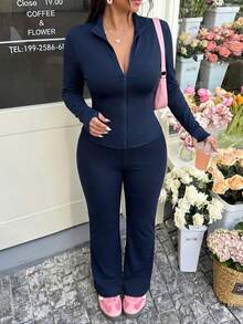 SHEIN EZwear 大码休闲轻便瑜伽夹克和喇叭裤两件套大码两件套裤装女式海军蓝女式长袖裤套装海军蓝大码裤装，女士秋季服装 - 藏蓝色 - 查看 1