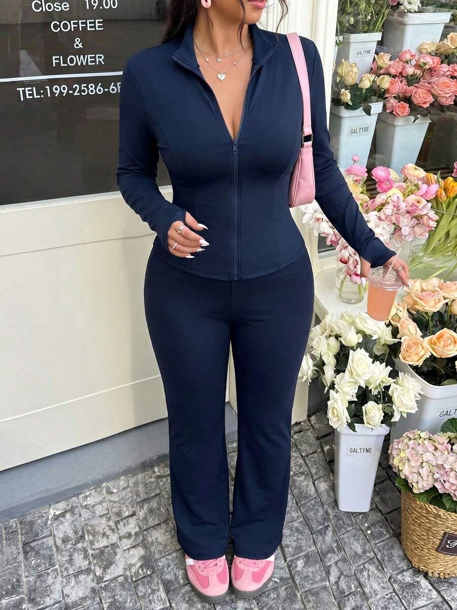 SHEIN EZwear 大码休闲轻便瑜伽夹克和喇叭裤两件套大码两件套裤装女式海军蓝女式长袖裤套装海军蓝大码裤装,女士秋季服装 - 藏蓝色 - 查看 1