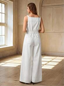 Selenza Plus Size Women's Button Casual Traditional Daily Formal Vacation Outing Camisole Denim Wide Leg Jumpsuit White Summer - White - View 2