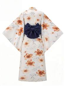 Irokai 日式女款花卉印花收腰前開衩和服浴衣 - 橘色 - 查看 2
