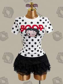 Betty Boop x SHEIN Women's Polka Dot Print Short Sleeve T-Shirt - White - View 9