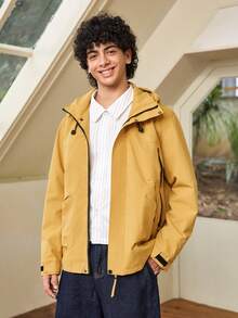 Whitmere 1pc Men's Mustard Yellow Hooded Windbreaker, Men's Utility Jacket, Men's Jacket, Men's Windbreaker, Anti-Lost Zipper Large Pockets Design, Sporty, Machine Washable, Outdoor Hiking Functional Jacket, Comfortable Daily Menswear Top - Yellow - View 6