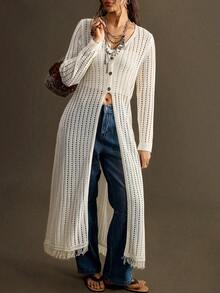 Nubod Plus Size Loose Casual Vacation Hollow Out Button Knit Cardigan Fall - White - View 1