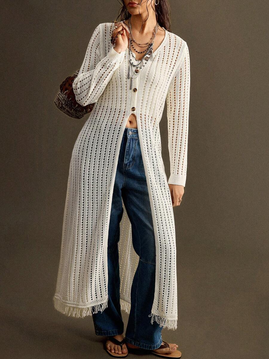 Nubod Plus Size Loose Casual Vacation Hollow Out Button Knit Cardigan Fall - White - View 1