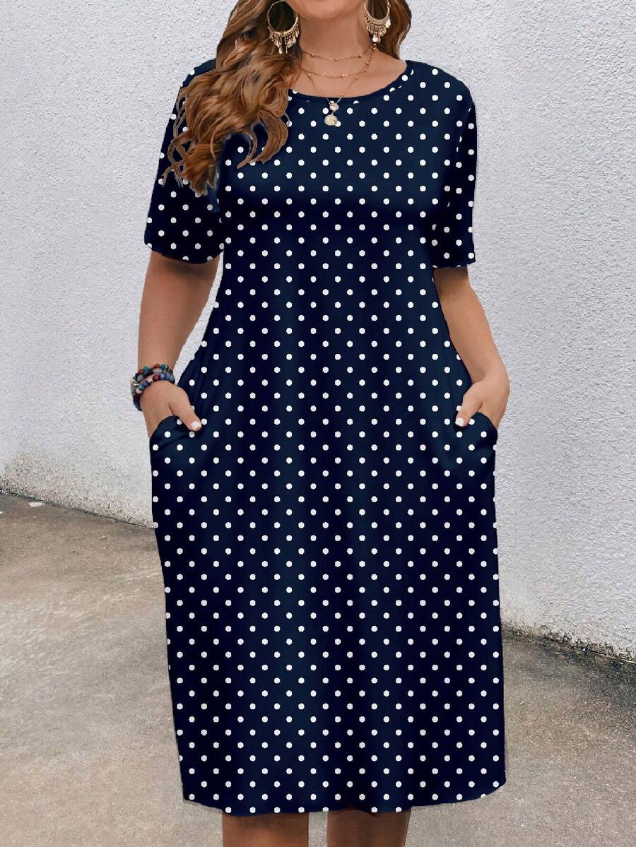 EMERY ROSE Plus Size Fashion Polka Dot Print Pocket Round Neck Short Sleeve Dress - Navy Blue - View 1